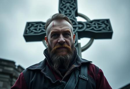 “Posaman, portrayed by Italian actor and comedian Lillo, should be reimagined in a haunting, eerie style while still highlighting his exaggerated, quirky poses. Using Panavision Prime lenses, capture his distinct features—his expressive face, short beard, and casual-yet-confident demeanor—infused with a chilling edge. In the background, a massive Celtic cross looms, casting dark shadows that add an air of mystery and intensity. The lenses should emphasize hyper-realistic textures, with natural yet pallid skin tones, lifelike clothing splattered with unsettling streaks of blood, and detailed facial expressions that hint at a sinister undertone. His exaggerated, almost grotesque poses, framed by the imposing Celtic cross, should blend realism with dark humor, amplifying his macabre comedic style and unsettling authenticity.”