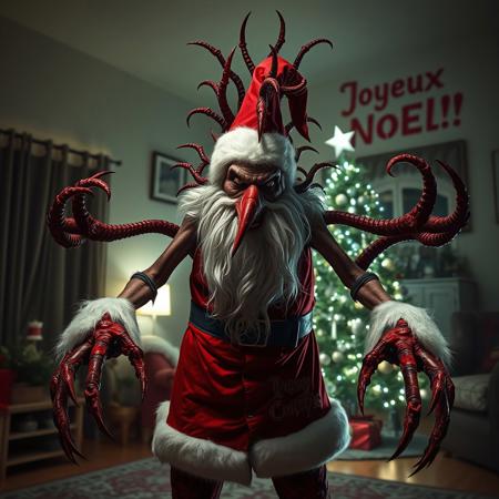 Demonic-looking santa lookalike with long reverse-jointed limbs like a chicken, claws dripping in blood, spiky bloody tentacles coming from his back, long pointy teeth, standing menacingly in a dark living room with a christmas tree, there is as message on the wall that reads "Joyeux Noel!"