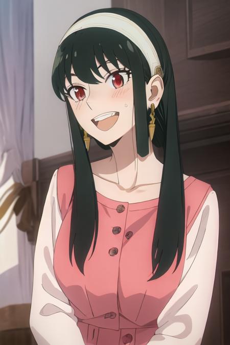 best quality, masterpiece, highres, solo, {yor_briar_spyxfamily:1.15}, black_hair, hairband, red_eyes, sidelocks, white_hairband, jewelry, earrings, bangs, long_hair, 1girl, :d, looking_at_viewer, open_mouth, portrait, smile, blush, parody, teeth, upper_teeth_only