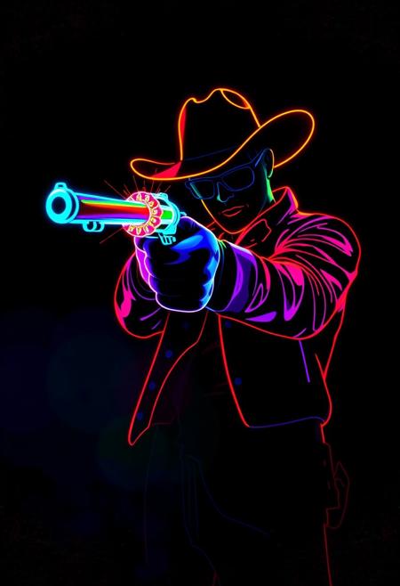 "Image of a neon outline of a cowboy, frozen in the act of shooting his pistol. The pistol's barrel is aglow with a vibrant, swirling mixture of colors, as if the bullet itself is made of pure, unadulterated color. A flurry of colors blasts from the end of the barrel, radiating outwards in a mesmerizing display of light and energy. The cowboy's neon outline is bold and striking, set against a dark background that allows the colors to pop. Style: vibrant, dynamic, and futuristic, with a focus on capturing the explosive energy and colorful chaos of the moment." Absurdres Highest-Quality, 4k