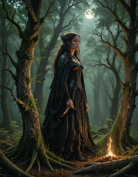 (by Marc Silvestri and by Bill Durgin:1.5), (Beneath the boughs of ancient trees, a Witch's coven gathers in a moonlit forest clearing, their spells weaving a tapestry of magic and mystery beneath the watchful gaze of the night sky.:0.5)