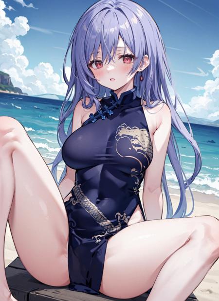 1girl,solo,
large breasts, red eyes,irisx
spread legs,arms behind back,seaside,blue sky, 
blush, 
china dress,  <lora:KisakiChinaDress:0.9>,
bare arms, <lora:IrisHeart:0.75>,irisx,