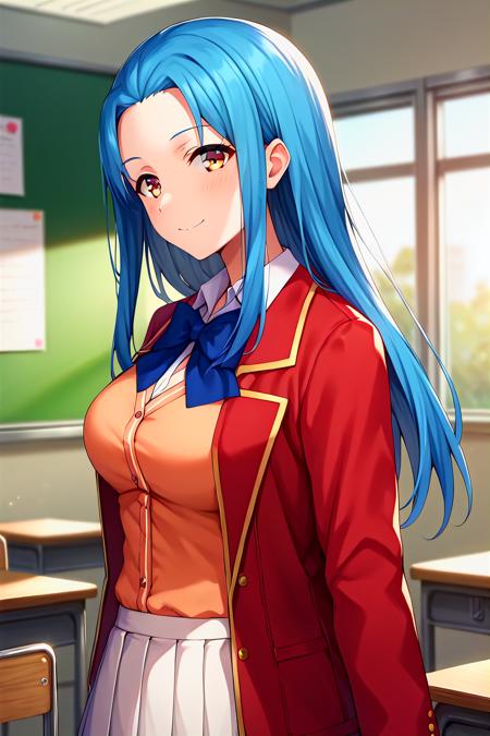 haruka hasebe, blue hair, long hair, brown eyes, school uniform, red jacket, upper body, white skirt, pleated skirt,