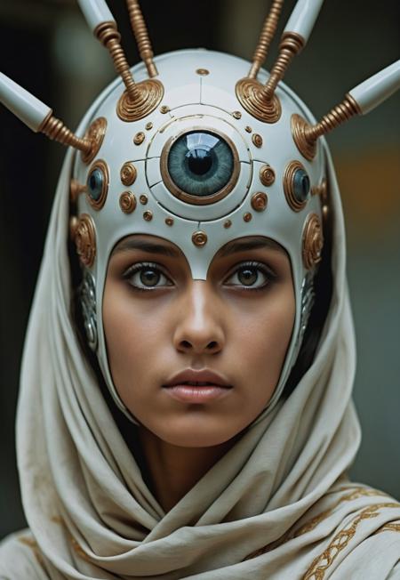 35mm photo by Steve McCurry, futuristic future setting, stunning mexican woman, ultra-detailed skin, detailed eyes with intricate pupils, advanced futuristic clothing, intense and captivating expression, top-quality resolution