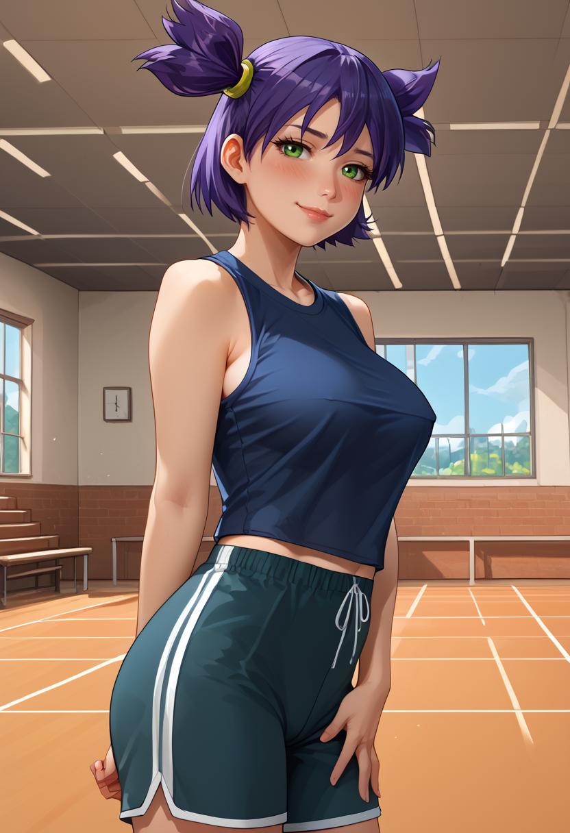 score_9, score_8_up, score_7_up,
best quality, masterpiece, ultra detailed,
162 cm height,
<lora:Expressive_H:1>,(blush:1.3), smug face, closed mouth,
lips, nose,
looking at viewer,  from below, from side, 
t shirt and shorts on the image,
<lora:Everlasting_Summer_Lena_by_GraffMetal_V1.2:1>, lena, purple hair, green eyes, short hair, short twintails, twintails, two side up, bangs, solo, large breasts,
oversize t shirt, black sleeveless t shirt, low sleeveless, sport short, sport short,black short, sideboob, t shirt and shorts,
amazing background,
<lora:Everlasting_Summer_Vanilla_Backgrounds_by_GraffMetal:0.7>,
<lora:Everlasting_Summer_Vanilla_Art_Style_by_GraffMetal:0.7>,