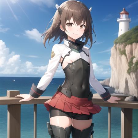 ((masterpiece)),(best quality),official art,extremely detailed CG,unity 8k wallpaper,ultra detailed,A lighthouse on a cliff by the sea,1girl,solo,cowboy shot,brown_hair,brown_eyes,short_hair,headgear,headband,blush,hair_between_eyes,looking_at_viewer,bike_shorts,black_shorts,red_skirt,pleated_skirt,shorts_under_skirt,thighhighs,flat_chest,boots,smile,strapless shirt,breastplate,<lora:Taihou(kan)>,