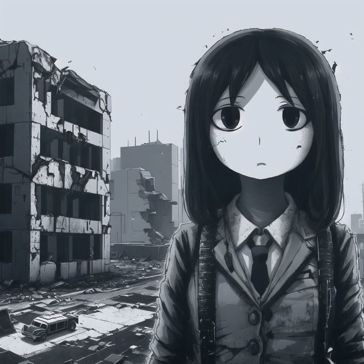 <lora:ham_rifl:0.9>, monochrome, 

expressionless, empty eyes, post-apocalypse, crumbling city on background, portrait