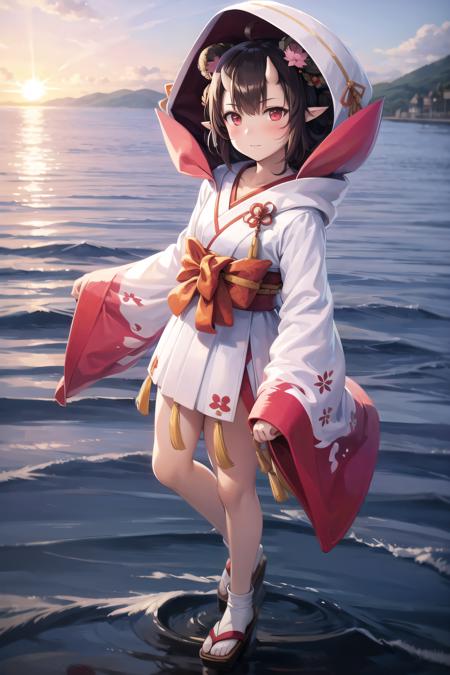 masterpiece, best quality, momonosei, ultra_high_res, realistic, lustrous skin, ray_tracing, detailed_background, 3d face, 
1girl, solo, hood up, brown hair, japanese clothes, horns, kimono, oni horns, hood, red eyes, hair between eyes, hair ornament, pointy ears, wide sleeves, long sleeves, skin-covered horns, hair flower, uchikake, bangs, double bun, hair bun, sash, blush, sleeves past wrists, tassel, wataboushi, obi, short hair, small breast,  red sash, 
full body, sunset, standing, sea, city, mountain, 
<lora:momonosei:1:MIDD>