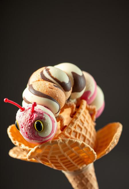 "Hyper-realistic, intricately detailed depiction of a colorful caterpillar, crafted entirely from scoops of ice cream in a variety of flavors. The caterpillar's body, made from a series of rounded scoops, features a swirly mix of flavors, including strawberry, chocolate, and mint chip. Each scoop is meticulously textured to capture the creamy, smooth quality of ice cream, with tiny air pockets and imperfections adding to the realism. The caterpillar crawls on a delicate flower made from a crispy waffle cone, its petals curved and twisted in a natural, organic shape. The waffle cone's texture is equally detailed, with every ridge and bump rendered in precise, hyper-realistic detail. Style: hyper-realistic, highly detailed, and richly textured, with a focus on capturing the vibrant, playful quality of the ice cream caterpillar and waffle cone flower."