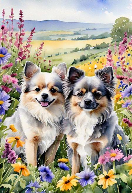Gray and Merle Pomchi in a field of wildflowers vibrant watercolour high definition