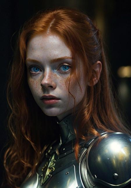 ginger, portrait, masterpiece, black steel armor, full plate armor, Big Close-Up, pale skin, straight long hair, big blue eyes, freckles, wet hair, best quality, highly detailed, cinematic film, dramatic lighting shadow, kodak, vignette, high budget, epic film grain, grainy, hyper detailed, expressive,  award winning, intricate details, looking at viewer, dynamic pose, atmospheric haze, cinematic film still, highly detailed, high budget, photorealistic, candid camera, color graded cinematic, eye catchlights, atmospheric lighting, natural <lora:ginger_v03:1>