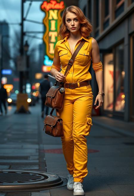 A photorealistic image of a woman resembling April O'Neil from * Mutant Ninja Turtles* as a real human. She has a strikingly beautiful, athletic figure with toned curves, huge breasts, a slim waist, and a confident stance. Her shoulder-length auburn hair is styled in soft waves, framing her face with bright, intelligent eyes and a warm, determined expression.  She is wearing her signature yellow jumpsuit, perfectly fitted to her body, with the zipper slightly undone at the top for a casual yet professional look. The jumpsuit features utility pockets and a matching belt, emphasizing her practical and adventurous personality. She pairs this with white sneakers and a vintage brown leather shoulder bag slung across her torso, containing a notepad, a microphone, and other reporter essentials.  The setting is an urban street at dusk, with the faint glow of neon signs reflecting off wet pavement. She is standing near a manhole cover, holding a handheld microphone in one hand and a notepad in the other, as if she's in the middle of investigating a story. The lighting is cinematic, with a mix of cool blues and warm orange hues highlighting her figure and creating a dramatic yet grounded atmosphere. The scene captures her intelligence, bravery, and charm, bringing the animated character to life in a realistic, modern context.