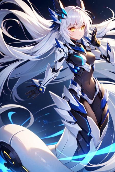 (sfw), intricate details, (bright neon colors), detailed background, night, 1girl, (lamia:1.4, monster girl, petite, (cute face, bright glowing yellow eyes), (human torso, petite perky breasts, robotic hands, robotic serpentine lower body, long coiled robotic tail), (white hair, absurdly long hair, hair blowing in the wind)), dynamic angle