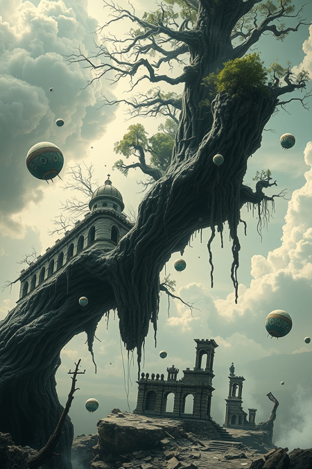 A surreal, dreamlike realm where the laws of physics are mere suggestions, featuring a twisted, broken world with inverted landscapes and structures that defy gravity, with gnarled, twisted trees and architectural ruins that seem to float, melt, or blend together in impossible ways, set against a backdrop of swirling, ethereal clouds and misty ambiance, with fragments of reality scattered throughout.