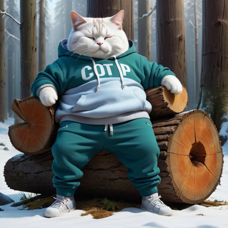 A cartoon cat wearing a hoodie that says "COATP" sitting on a log.