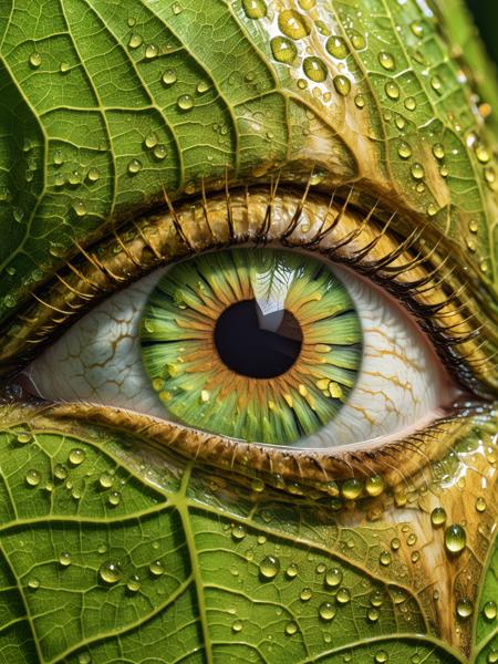 a character, their green eyes detailed with intricate veins and droplets of water that reflect a lush forest in the background. Their skin is a smooth blend of golden and brown hues, with a detailed texture akin to marble grain
<lora:fractal-art.v1:1>