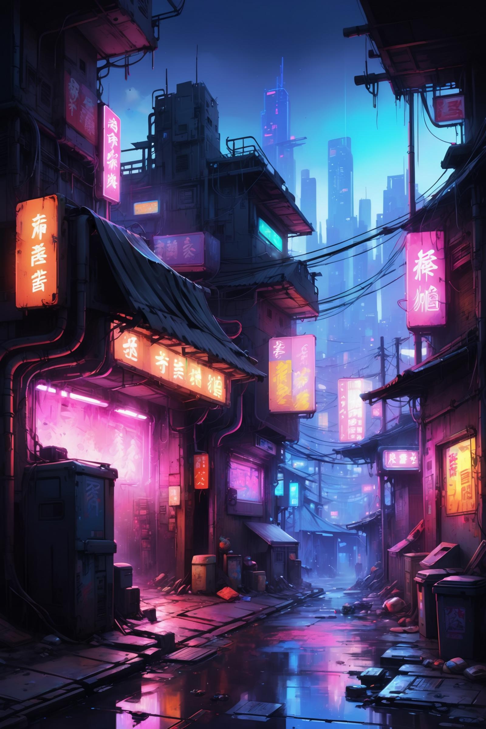 Anime-style cityscape with brightly colored neon signs and blue sky background.