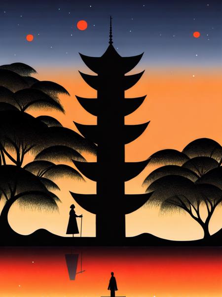 <lora:LotteReiniger:1>a silhouette of a person standing in front of a chinese style building at sunset by Lotte Reiniger