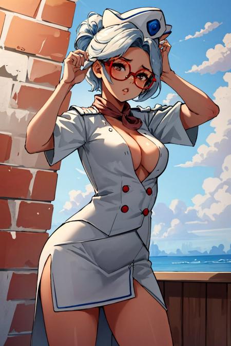 (masterpiece, best quality, high res:1.3), absurd res, (purah:1.05), (red glasses:1.2), hair ornament, (iflyuniform:1.5), scarf, short skirt, side slit skirt, breasts, hat, standing next to (airplane:1.4), short sleeves beautiful face, detailed face, solo,hair, 1girl, half body,<lora:IflyUniformV1_1-000004:0.75>   <lora:purah-nvwls-v2-final:0.65>