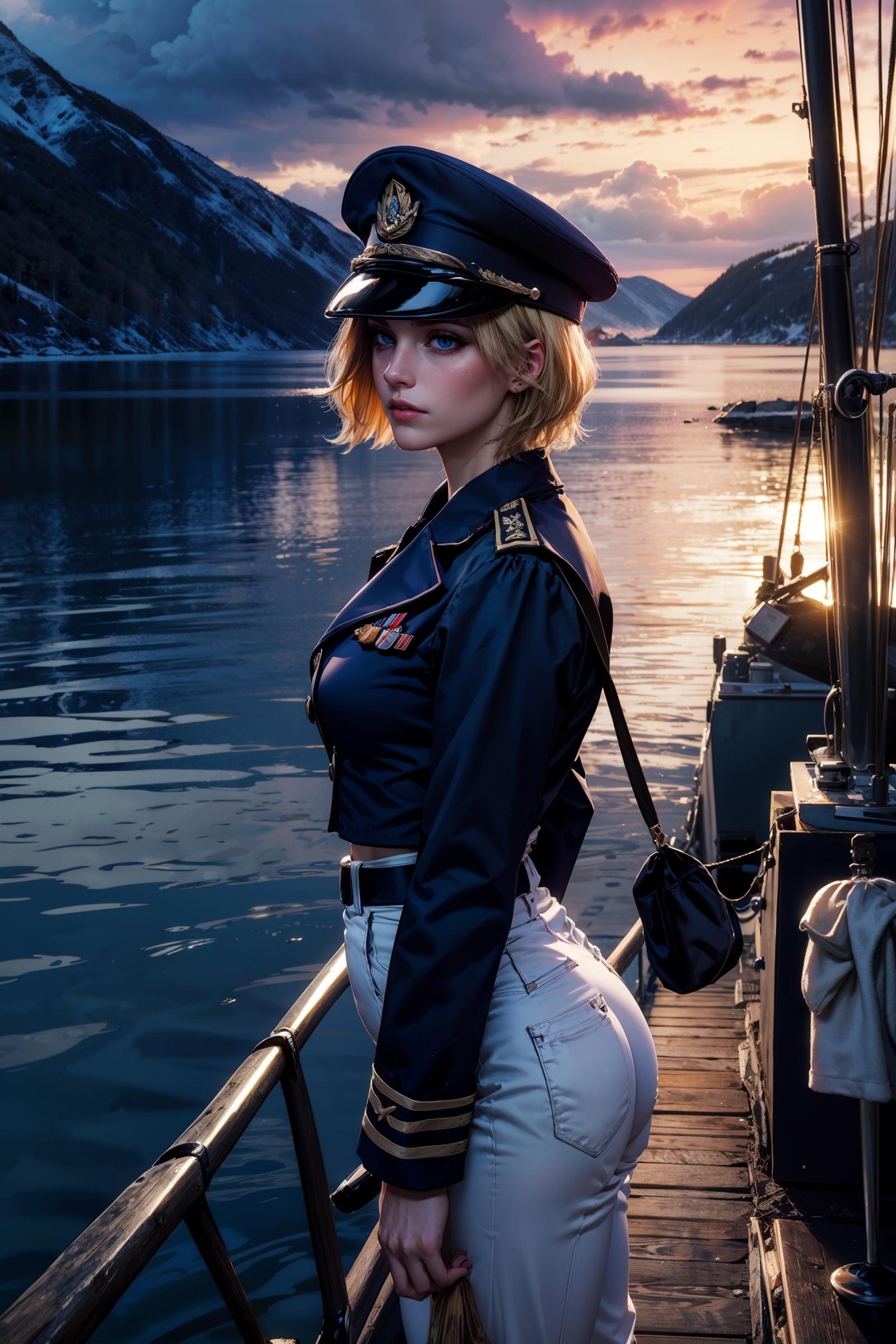 Woman in Navy Uniform Posing on Boat by Lake