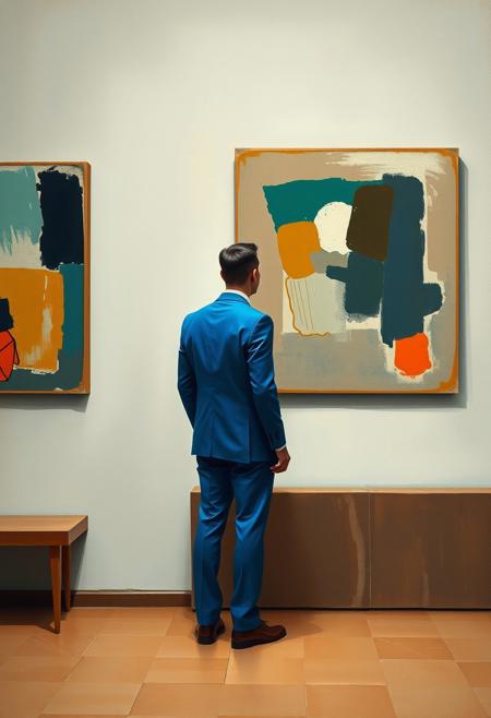 A solitary man in a cobalt suit gazes at a wall hung with abstract paintings, his outline gently dissolving, modernist composition, flat color planes, simplified forms, expressive interiors, bold yet muted palette, emotional restraint, quiet atmosphere, post-impressionist influence, figurative abstraction, painterly stillness, geometric structure, contemporary portraiture, introspective mood, brushy texture, warm earthy tones, visual quietude, subtle symbolism, everyday moments reimagined