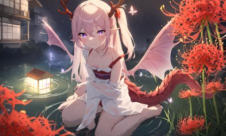 1girl,
masterpiece, best quality, absurdres, recent, newest, sensitive, safe,
solo, horns, dragon horns, dragon wings, dragon tail, dragon girl, spider lily, pointy ears, japanese clothes, new year, flower, barefoot, long hair, one side up, tree, water, white kimono, sitting, kneeling, outdoors, night, bangs, pink flower, purple flower, silver hair, looking at viewer, sky, house, blue flower, purple eyes, blush, one side up, bare legs, butterfly, building, night sky, bug, long sleeves, white flower, depth of field, hair between eyes, red flower, reflection, closed mouth, grass, ripples, lake, small breasts, half updo, pink hair, strap slip, plant, pink butterfly, smile, starry sky, looking away, slit pupils, dark night, black background, glowing, wet, wet clothes, wet kimono, see-through, antlers,