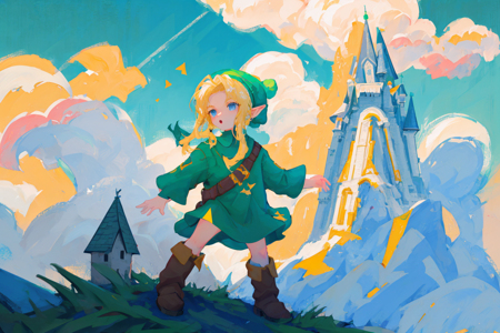 masterpiece, best quality, 1boy, younglink, blonde hair, blue eyes, hat, pointy ears, green tunic, male focus, boots, triforce print, castle behind her, Chizuko Yoshida, green grass,  cloud, cloudy sky, day, horizon, outdoors, shirt, sky, solo,  medieval castle, switzerland mountains background,, detailed painting, fantasy art, colorful, vibrant colors <lora:YoungLink:1>