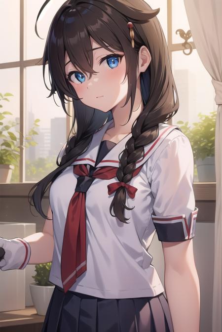 shigure, <lora:shigure-lora-nochekaiser:1>, 
shigure, ahoge, brown hair, blue eyes, braid, hair ornament, hair over shoulder, long hair, single braid, hair flaps, (small breast:1.2),
BREAK black gloves, black serafuku, black shirt, black skirt, fingerless gloves, gloves, neckerchief, pleated skirt, red neckerchief, sailor collar, school uniform, serafuku, shirt, skirt, white sailor collar,
BREAK looking at viewer, 
BREAK indoors, classroom,
BREAK <lyco:GoodHands-beta2:1>, (masterpiece:1.2), best quality, high resolution, unity 8k wallpaper, (illustration:0.8), (beautiful detailed eyes:1.6), extremely detailed face, perfect lighting, extremely detailed CG, (perfect hands, perfect anatomy),