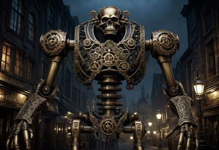 steampunk giant bronze bone monster headed large legged robot. lace robot head inside of a steampunk fantasy town. large detailed torso. dark image. one forty foot tall steampunk robot with great arms and two heavy legs on flat feet.$ foggy dark night background. night image only. photo realistic image. steampunk details. cogs, chains and pipes incorporated in the industrial buildings. wizards