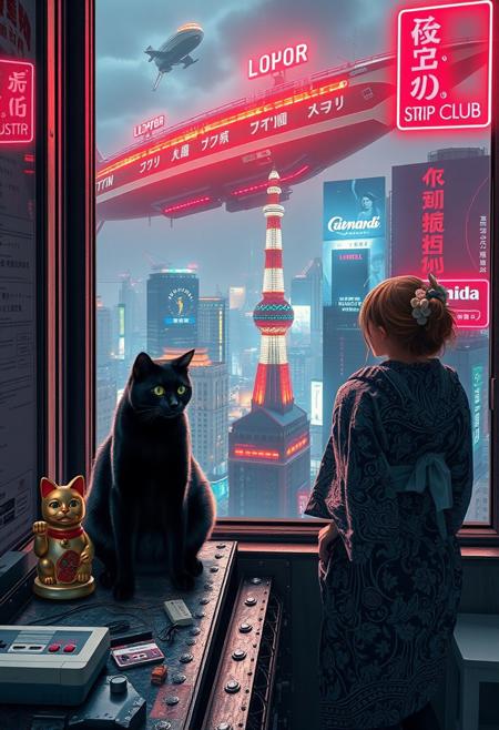 Extreme high resolution and detailed photo of Black Cat with green blue eyes sits on a cluttered metal riveted desk next to a maneki neko statue and a small Nintendo NES, the cat is looking out to a floor to ceiling window that looks out over a futuristic cyberpunk Tokyo skyline with skyscrapers, holographic advertisements, futuristic airships covered with lights and advertisements in Japanese, a space elevator, (((a tall thin beautiful young woman, 22 years old, is standing next to the cat looking out at the city through the window))), The woman is dressed in an ornate Japanese style bath robe and her lower legs.  The woman's hair is messy from just waking up and tied up with a ribbon. Artistic cyberpunk, dynamic perspective, a translucent neon projection of a strip club bar advertisement displaying a partially dressed woman is visible on a nearby building,