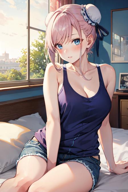 mmfate1, cleavage,  blush, pink hair,blue eyes, tank top, short shprts, sitting, bedroom ,window, single hair bun, bun cover, blue bun cover,asymmetrical hair, <lora:miyamoto_musashi:1>