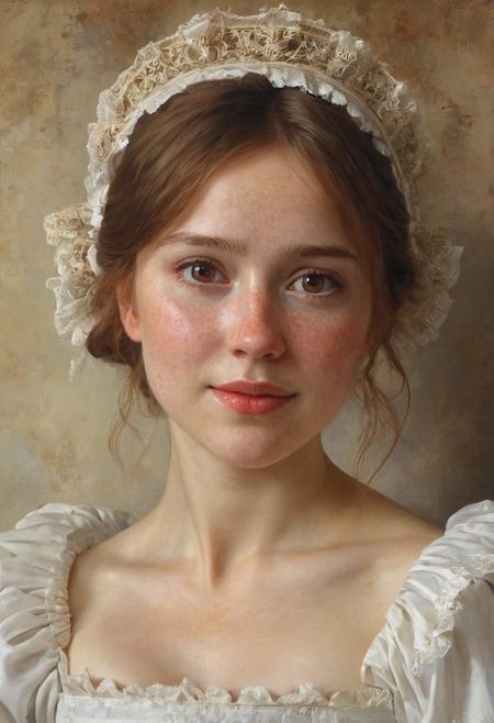a masterpiece painted in the style of Anders Zorn | Marco Mazzoni | Yuri Ivanovich, oil on canvas, oil painting, painted style, volumetric lighting, realistic, historical setting,
1 woman, young woman, maid, victorian era, historical, indoors, maid headdress, brown hair, brunette, brown eyes, hazel eyes, freckles, blush, cute, shy, shy smile, slight smile, head slightly lowered, looking up at viewer, cleavage,