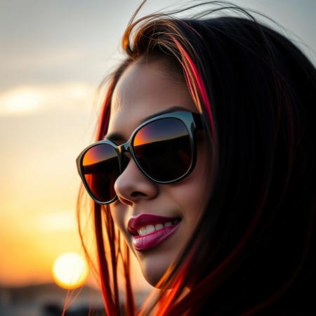 woman portrait,20yo, mulatto latino appearance, sport bike sunglasses, black and red long hair style, background blurred, sunset in the background, sunny day