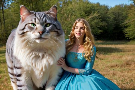 Professional photograph of a woman next to a giant cat, they're in a magical ethereal forest, sunny day, magical realm with floating lights.
BREAK Professional photograph of a giant gray cat, he's cute, blue eyes, <lora:md_20230912225623:0.75> photo_focus
BREAK Professional photograph of  <lora:[CA]_-_Emily_Bett_Rickards:0.8> mt-emilybett, she's got long blonde hair, she's facing the viewer, she's wearing a princess' forest, blue dress with golden details, highly detailed dress, puffy sleeves, jewelry, she's a medieval fantasy magical princess, cleavage, she has long loose hair, blue eyes, pink lipstick, soft makeup. She's smiling at the viewer, gently. Fit body, small chest. She's in a magical forest, green trees, ethereal, animals in the background  <lora:picxer_realdetailer:0.75> <lora:MedievalFashion:0.75> medfa