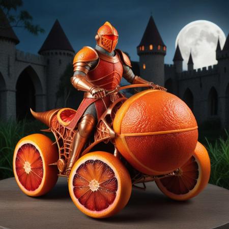 blood orange style, score_10 , score_9_up, score_8_up, score_7_up , score_6_up, a realistic armored knight is riding a orange shaped dron, sitting over dron, glowing eyes, armor made of blood oranges, night background, moon, eerie atmosphere, gothic, grim dark, fantasy art, medieval, detailed orange blood orange armor, eerie glow, full armor made of blood oranges, red glowing eyes, cape made of blood oranges, rocky ground, fantasy creature, blood orange theme, fantasy setting, high contrast, detailed, blood orange textures, ominous, realistic lighting, haunting, eerie glow, medieval fantasy, gothic style, detailed rendering, fantasy character, blood orange ambiance, eerie environment, fantasy creature, blood orange armored knight, glowing eyes, riding a orange shaped dron, knight over a orange shaped dron, realistic castle, castle made of blood oranges, castle background, smiling