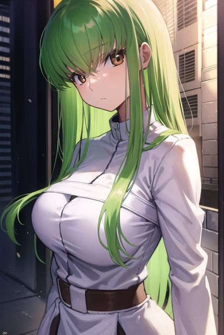 codegeasscc, <lora:codegeasscc-lora-nochekaiser:1>, 
cc, (brown eyes:1.5), green hair, long hair, straight hair,
BREAK straitjacket, (white straitjacket:1.5), wide sleeves, belt, black belt,
BREAK outdoors, city,
BREAK looking at viewer, (cowboy shot:1.5),
BREAK <lyco:GoodHands-beta2:1>, (masterpiece:1.2), best quality, high resolution, unity 8k wallpaper, (illustration:0.8), (beautiful detailed eyes:1.6), extremely detailed face, perfect lighting, extremely detailed CG, (perfect hands, perfect anatomy),