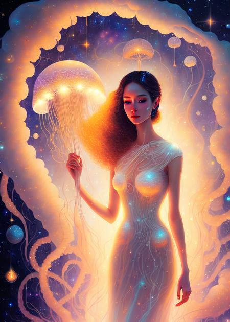 oil painting surreal space art of a closeup woman in the night sky in a white and golden- dress and holding+ a large transparent umbrella jellyfish that has (long flowing sparkly tentacles)1.15, ethereal, celestial, magical, transparency++, fantasy, dark space background