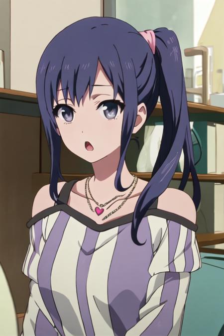 best quality, masterpiece, highres, solo, {imai_midori_shirobako:1.15}, long_hair, blue_hair, side_ponytail, 1girl, :o, heart, heart_necklace, jewelry, looking_at_viewer, necklace, open_mouth, blue_eyes, anime_coloring