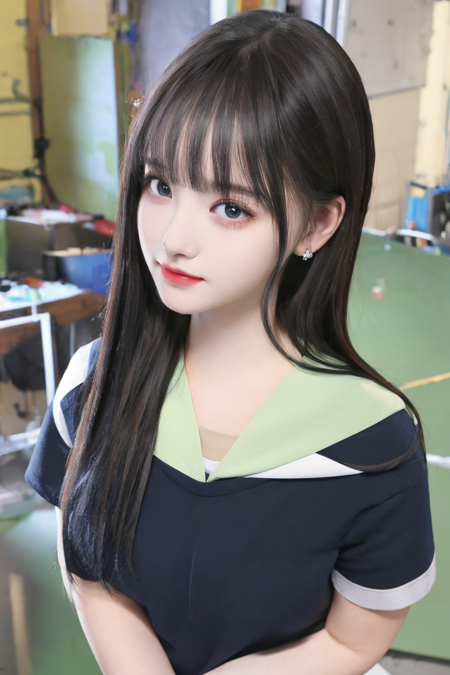 ((masterpiece)), (best quality), detailed, photorealistic, best quality, 1 girl, shirt, looking at viewer, ((t-shirt)), school uniform, school background:1.4, school Girl, upper body <lora:Liz-01:1>