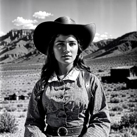 RAW, photorealistic, best_quality, cowboy-shot of a woman in the western american frontier, year 1860, the style of Ansel Adams