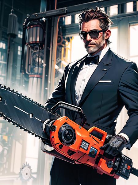 absurdres, highres, ultra detailed,   (one middle aged handsome man:1.3),solo,
(elderly gentleman:0.8),
Suited gentleman, night,white gloves,sunglasses, 
looking at viewer,cowboy shot,
BREAK
(holding huge mechanical chainsaw:1.3),
<lora:add_detail:0.8>, <lora:_L2090:0.4>,
 <lora:weapon_v01:0.7>,