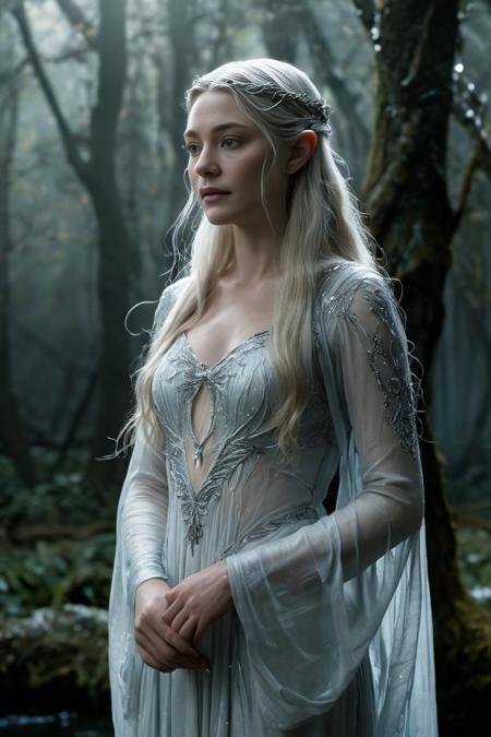 Setting & Atmosphere:
The scene takes place in the heart of LothlÃ³rien, in a dimly lit, ethereal environment with a mystical and otherworldly ambiance. The surrounding area is bathed in a soft, silver-blue light, giving it a dreamlike quality. The light seems to emanate from the trees and water around them.
Galadriel's Expression:
Galadrielâs face is calm and serene, but as she imagines the power of the Ring, her expression changes dramatically. Her eyes widen, glowing with an intense, almost otherworldly light, and her face contorts slightly with a mixture of temptation, power, and latent darkness. Thereâs a sense of immense power brewing within her, restrained yet palpable.
Her Transformation:
As she speaks, thereâs a visual transformation where Galadriel appears larger, more formidable, and otherworldly. Her skin takes on a shimmering, almost metallic hue, with silver and blue tones. Her eyes become brilliantly luminous, glowing with a fierce light that contrasts with the darkness around her. The lighting accentuates the sharpness of her features, giving her a more defined, almost statuesque appearance.
Clothing & Accessories:
Galadriel is wearing a long, flowing white gown made of a delicate, almost translucent material that glows faintly in the low light. The gown has intricate silver embroidery along the edges, with patterns resembling leaves and vines. Her hair is long, golden, and flowing, cascading down her back like a river of light. She wears a simple, elegant silver circlet on her head, adorned with a single white gem in the center.
Lighting & Shadows:
The light around Galadriel is both soft and harsh, creating a duality in her appearance. While her face and upper body are illuminated by a soft, ethereal light, her lower half and the surrounding area are cast in deep shadows, emphasizing the contrast between the light and dark aspects of her character in this moment. The shadows move and flicker subtly, adding to the eerie, powerful atmosphere.
Background Elements:
Behind her, the ancient trees of LothlÃ³rien loom tall, their twisted branches reaching out like dark tendrils. The leaves glisten as if covered in dew, reflecting the faint light. The water in the background is calm, reflecting the soft light of the scene, adding to the mystical feel.
Her Aura:
During the transformation, Galadriel emanates a powerful aura that seems to ripple through the air around her, distorting the space slightly. The air seems to shimmer with energy, and thereâs a sense of awe and dread as she imagines herself as the Dark Queen. The colors around her become more intense, with deep blues, silvers, and blacks dominating the scene.