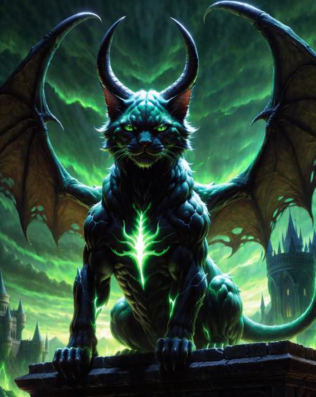 cinewow demon cat,((masterpiece)),(best quality),awardwinning,trending on artstation <lora:cinewow:0.8>,castle in the background,cinematic,green glowing effects,horns