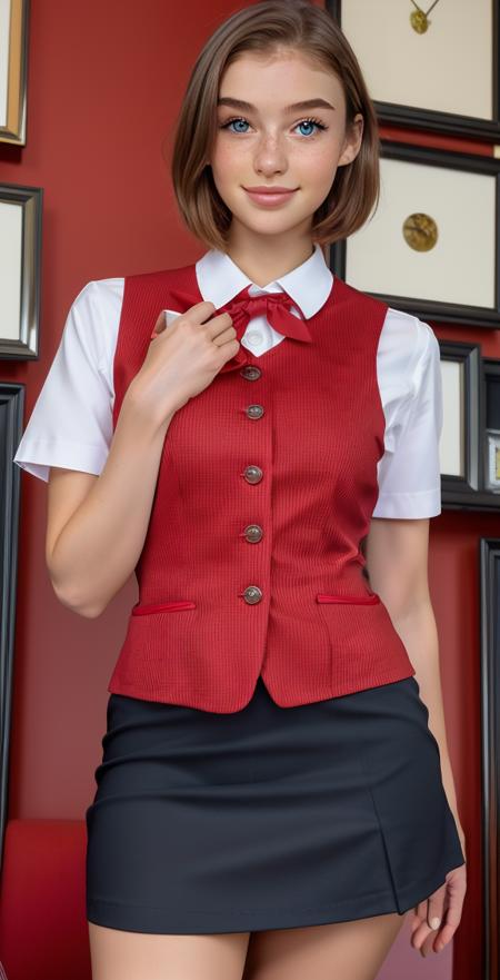 (8k, RAW photo, best quality, masterpiece:1.2), (realistic, photo-realistic:1.37), ultra-detailed,(detailed beautiful girl:1.4),1 girl,full body,slender,<lora:office uniform:0.6>office uniform,office vest,office,micro mini skirt,((red uniform)),short hair,<lora:Daisy Ridley:1>skswoman,smile,looking at viewer