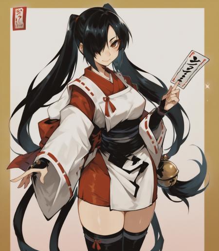 TenchuKagura miko,black hair,very long twintails,hair low-tied ball bell,hair over right eye,long wide ribbon-trimmed white sleeves,japanese clothes,sash,behind waist long ribbon,black toeless thighhighs,