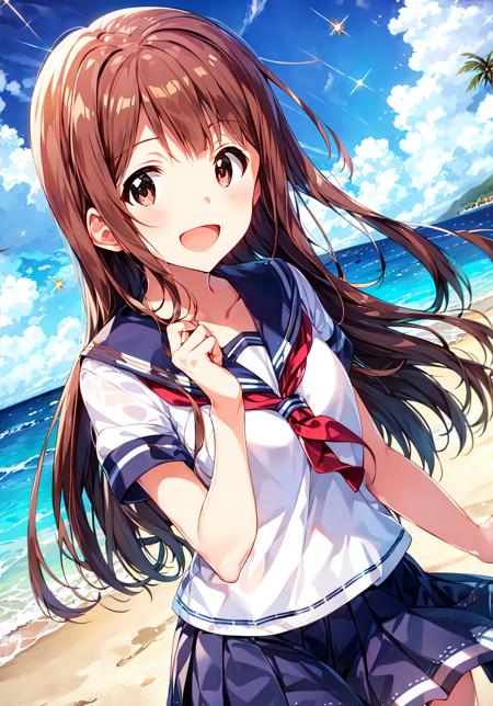 kotoha tanaka (million live), (best quality, 8K, masterpiece, ultra detailed:1.2), dynamic pose, cinematic angle, light particles, sparkle, beautiful detailed eyes, shiny skin, shiny hair,
sea, day, dappled sunlight, blue sky, beautiful clouds, beach,
1girl, solo, skirt, smile, cute, happy, open mouth, sailor collar, shirt, pleated skirt, short sleeves, :d, school uniform, serafuku, collarbone, hair flower, looking at viewer, upper body