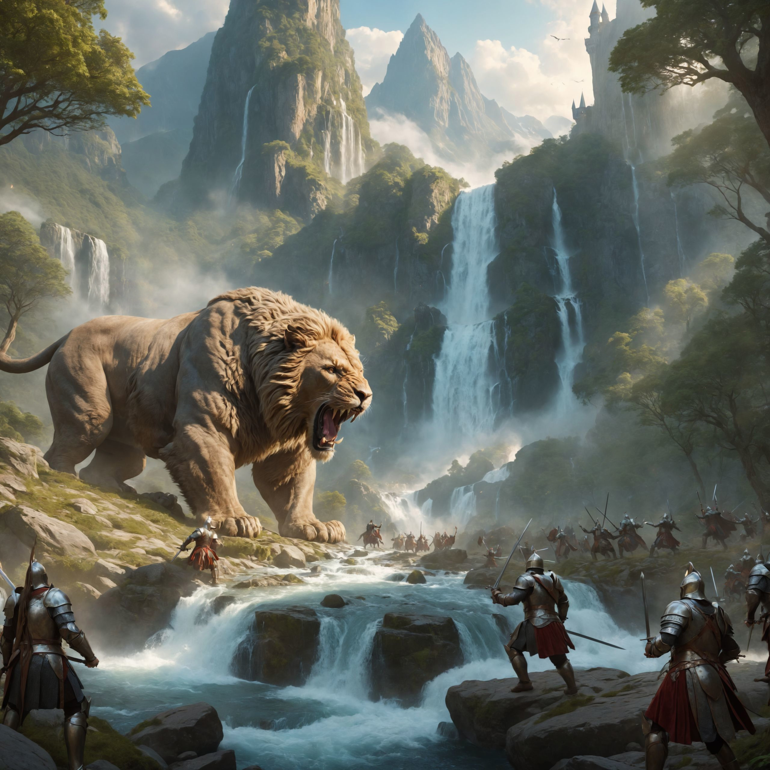 A painting of a lion standing in the water, with a group of knights approaching it.