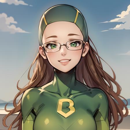 ((masterpiece, best quality)), solo,1girl, brown hair, portrait, green eyes, tight, bodysuit, glasses, long hair, Shrinking Rae,smile,  ,  <lora:Shrinking_rae2:0.6>, blue sky,