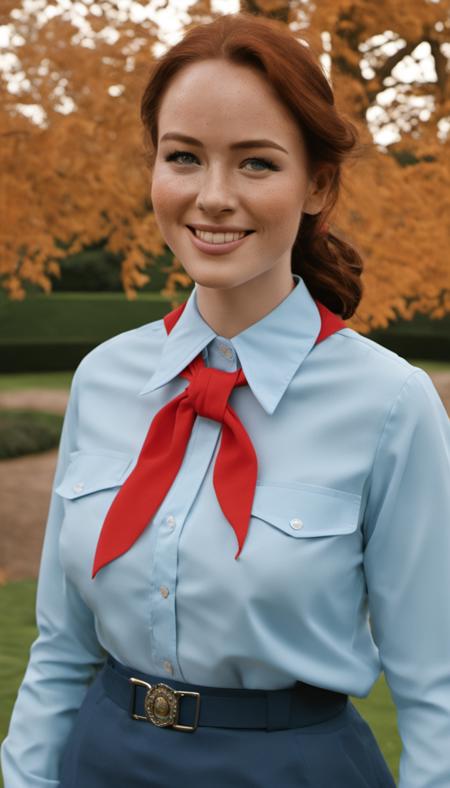 professional detailed upper body close-up photo of smiling adult attractive petite freckled curvy actress with hair up, wearing school uniform, pionyrs deep light blue 70s dagger collar shirt with pionyrs bright red neckerchief, pionyrs short deep dark blue skirt with pionyrs sash with silver buckle, in a park, late autumn afternoon