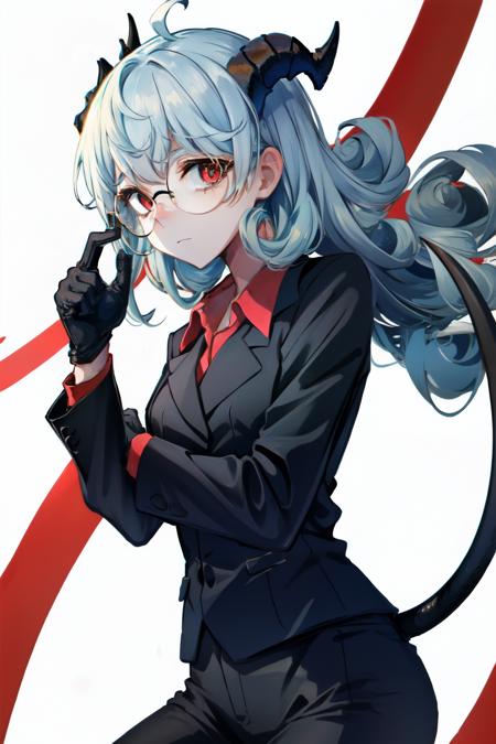 <lora:pandemonica-10:1> pandemonica(helltaker), 1girl, solo, looking at viewer, simple background, red shirt, red eyes, gloves, white background, suit,ahoge, white hair, pantyhose, horns, glasses, black gloves, collared shirt, black suit, formal, demon girl, demon horns, demon tail,  curly hair, round eyewear,  black horns, black tail